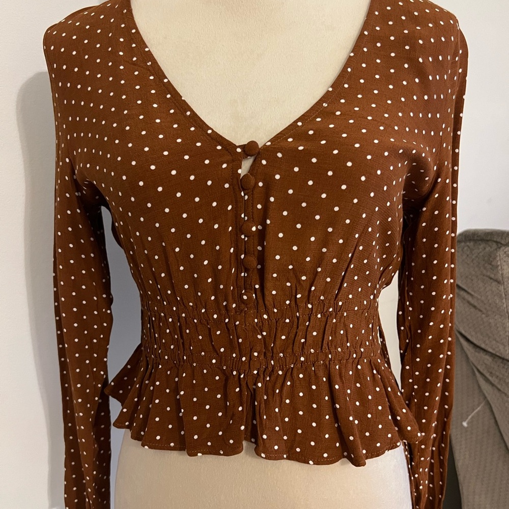 H&M Brown Polka Dot Smocked Peplum Long Sleeve Top